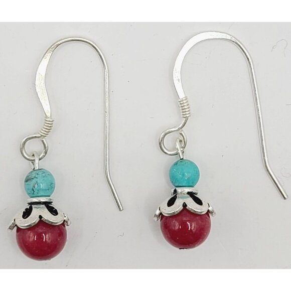 Vtg Southwestern Sterling Silver Turquoise & Coral Earrings 925 Hook Earrings - Picture 2 of 7